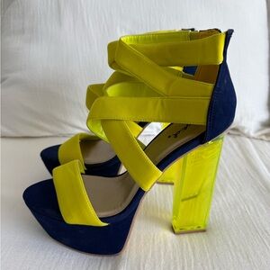 Qupid Neon Yellow & Navy Blue Strappy Platform & Transparent Lucite Heels